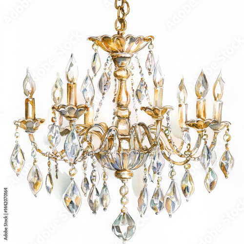 Golden chandelier with crystal pendants shines elegantly and beautifully