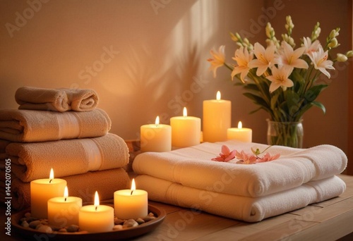 Spa towels and lit candles arranged neatly on a wooden table, creating a serene and relaxing atmosphere
