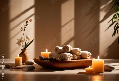 A serene spa setting featuring lit candles and neatly arranged towels, creating a calming atmosphere for relaxation