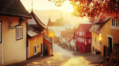 Sunrise Streetscape: Charming Cobblestone Town