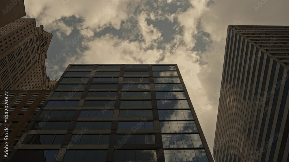 Upward shot of modern and historic skyscrapers reflecting a dramatic cloudy sky in downtown Chicago. Upward shot of modern and historic skyscrapers reflecting a dramatic cloudy sky in downtown Chicago.