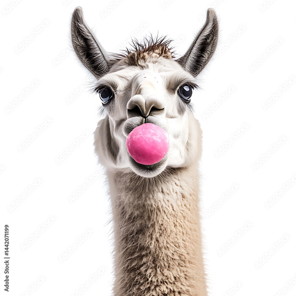 Obraz premium A llama blowing a pink bubblegum bubble on a white background shot