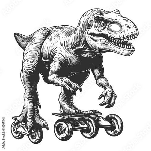Vintage Tyrannosaurus on roller skates, black sketch, funny retro illustration, old engraving style, dinosaur icon isolated, trendy prehistoric art, unique dinosaur sketch