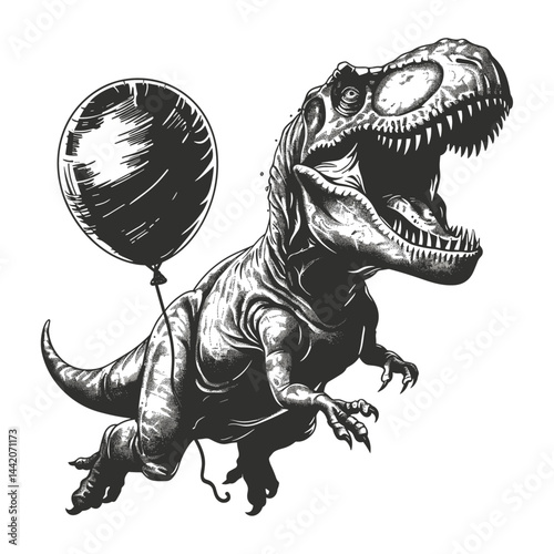 Tyrannosaurus rex with a balloon, vintage abstract vector engraving, old sketch, trendy emblem, retro dinosaur art, hand drawn, prehistoric illustration, t rex cartoon