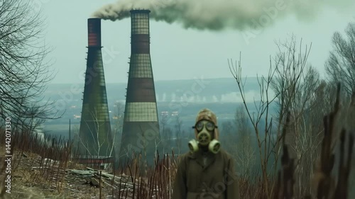 A man stands next to a nuclear power plant cooling tower and looks around. A man puts on a gas mask. The nuclear station releases chemicals into the air. Radiation, pollution, ecology