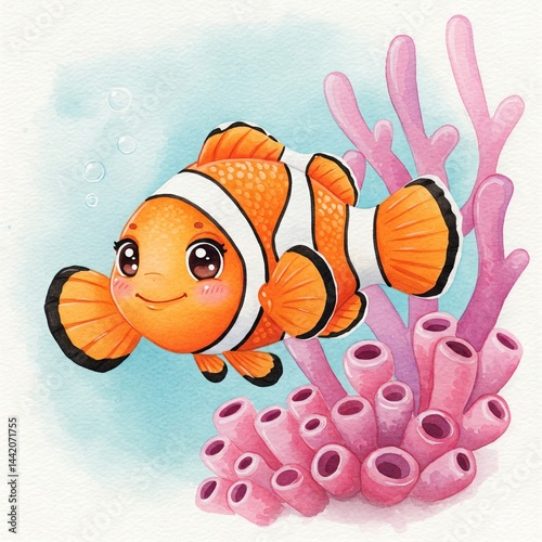 Watercolor illustration of cute clown fish