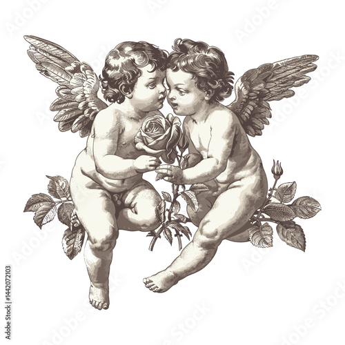 Love and romance, two little cupid angels, vintage engraving, rose flower, black sketch, old style vector illustration, trendy vintage logo, hand drawn emblem, classic romance artwork