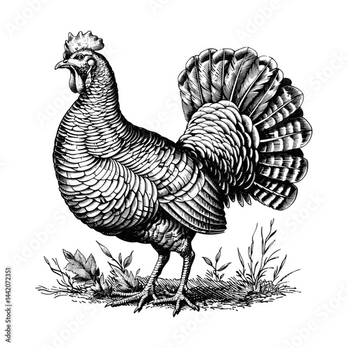 Vintage turkey poultry, emblem engraving, monochrome vector illustration, old engraving style, black and white sketch, farm animal illustration, hand drawn turkey, Thanksgiving bird