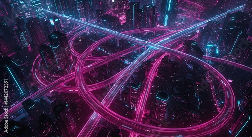 Aerial view of a futuristic city with elevated highways and neon lights at night time scenery urban