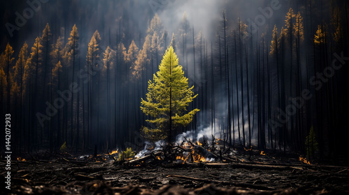 A survivor tree from forest devastated by wildfires, Deforestation, Wildfires have a huge impact on the environment and ecosystem, Global Warming, Climate change concept