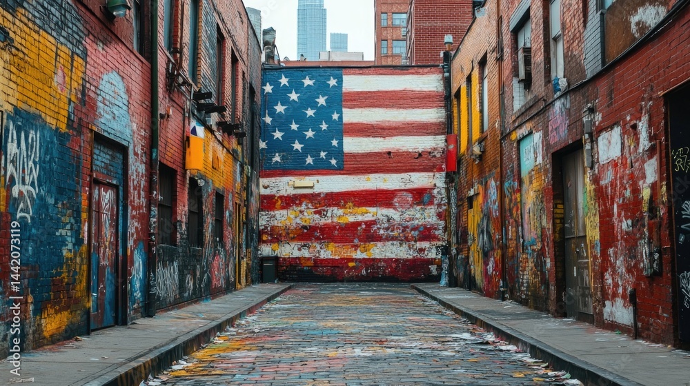 Fototapeta premium Colorful urban alley featuring large American flag mural against a white background