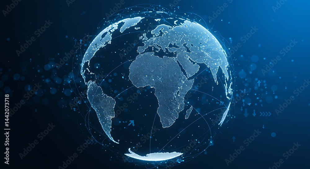 Fototapeta premium A digital globe with africa and europe displayed in a blue lighted technological background view