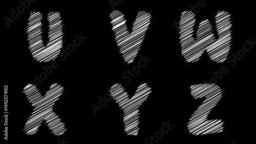 Animated white U V W X Y Z lettering on transparent background. Scribble hand drawn inscription with coming and going doodles. 4k animation