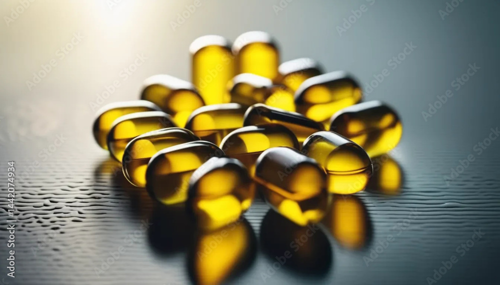 Yellow capsules with vitamins. Close up.