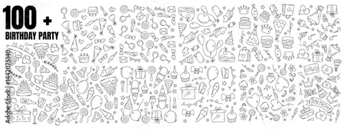 Birthday celebration doodle with balloons cake