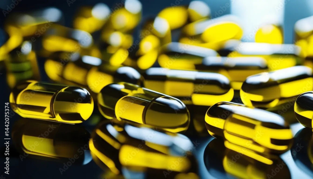 Yellow capsules with vitamins. Close up.