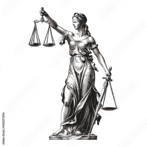 Vintage illustration of Justitia goddess, holding scales, old engraving style, black sketch, isolated cutout, mythology artwork, ancient justice symbol, retro law design