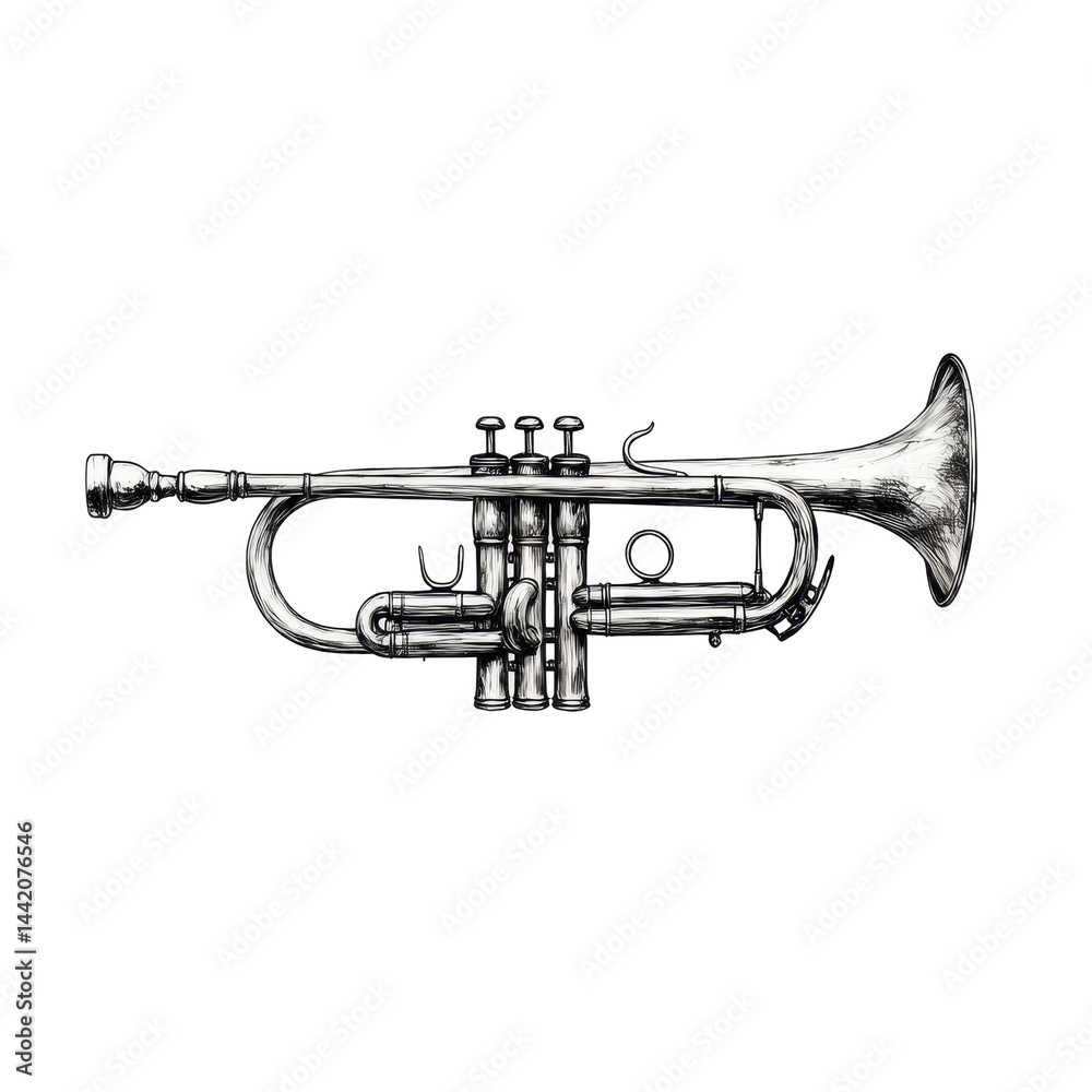 Obraz premium A detailed illustration of a trumpet, depicted in profile against a stark black background.