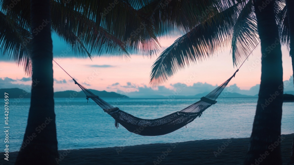 Fototapeta premium A serene tropical beach with a hammock swaying between palm trees. The sun sets, painting the sky in vivid colors. This is a perfect getaway spot. Generative AI