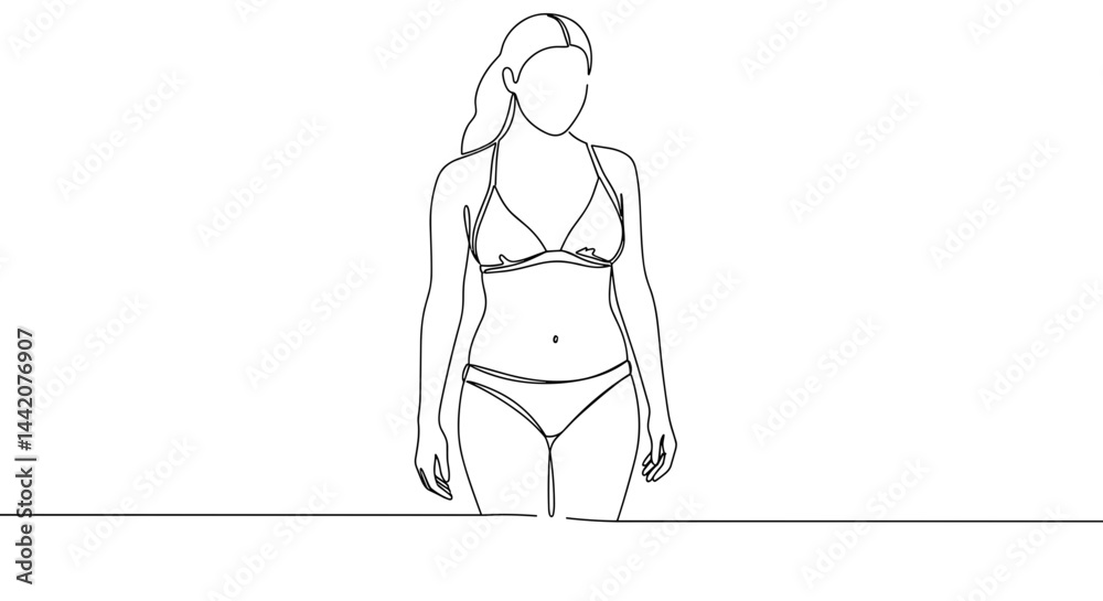 Woman in Bikini Walking Confidently on a Beach Background