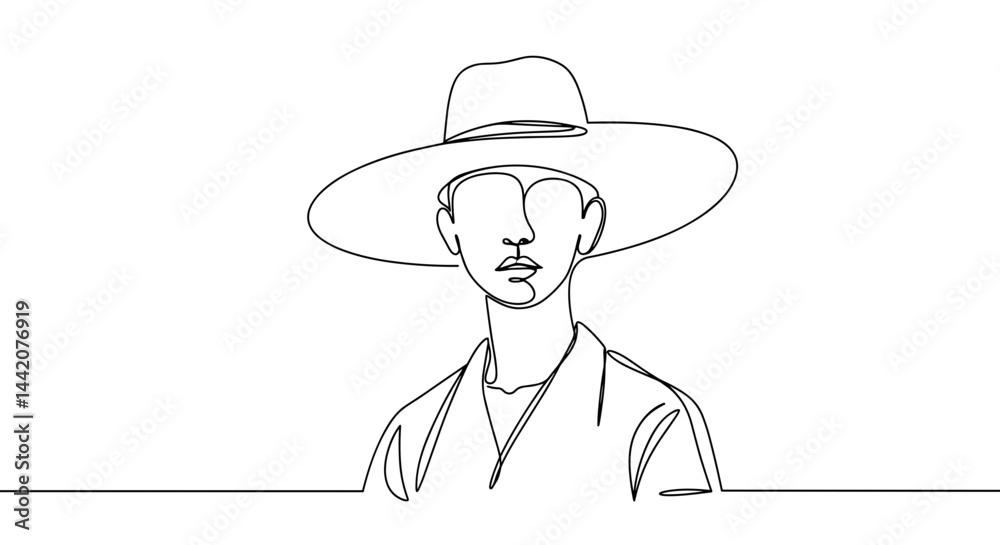 Minimalist line drawing of a person wearing a hat