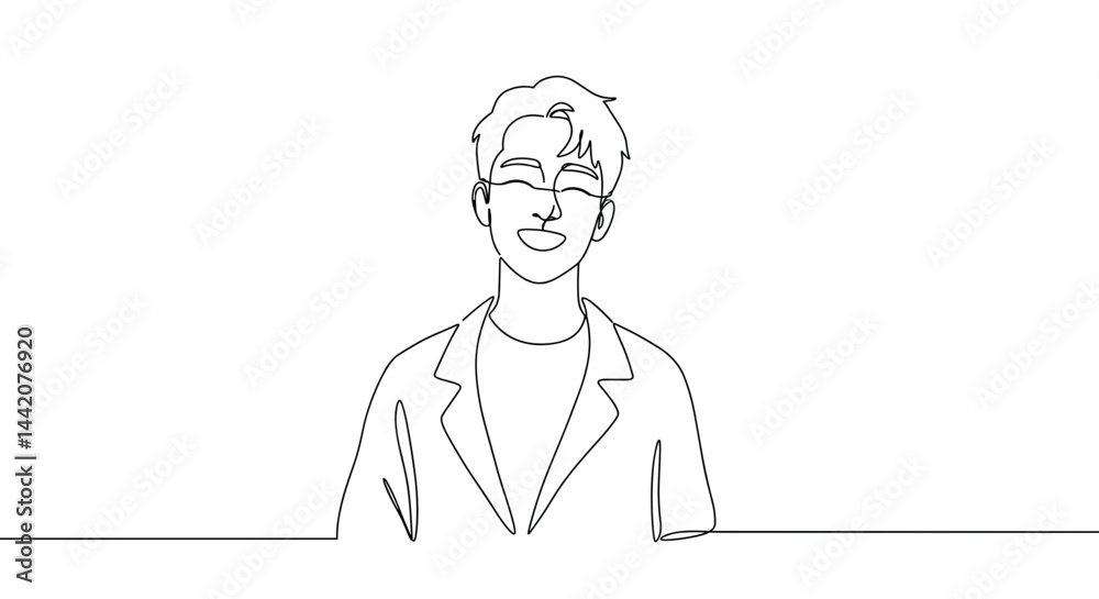 Smiling Young Man in Line Art Style on White Background