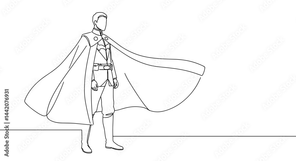 Heroic figure standing confidently with flowing cape against minimal background