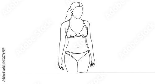 Woman in Bikini Walking Confidently on a Beach Background  