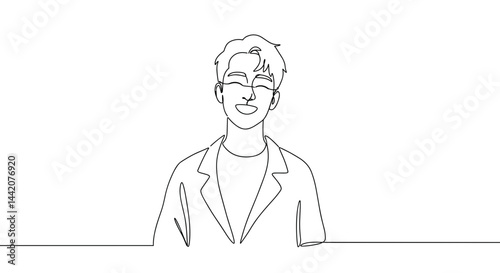 Smiling Young Man in Line Art Style on White Background  