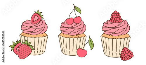Set of cupcakes with strawberries, cherries and raspberries. Isolated vector illustrations for poster, banner, postcard, advertising, menu, packaging.