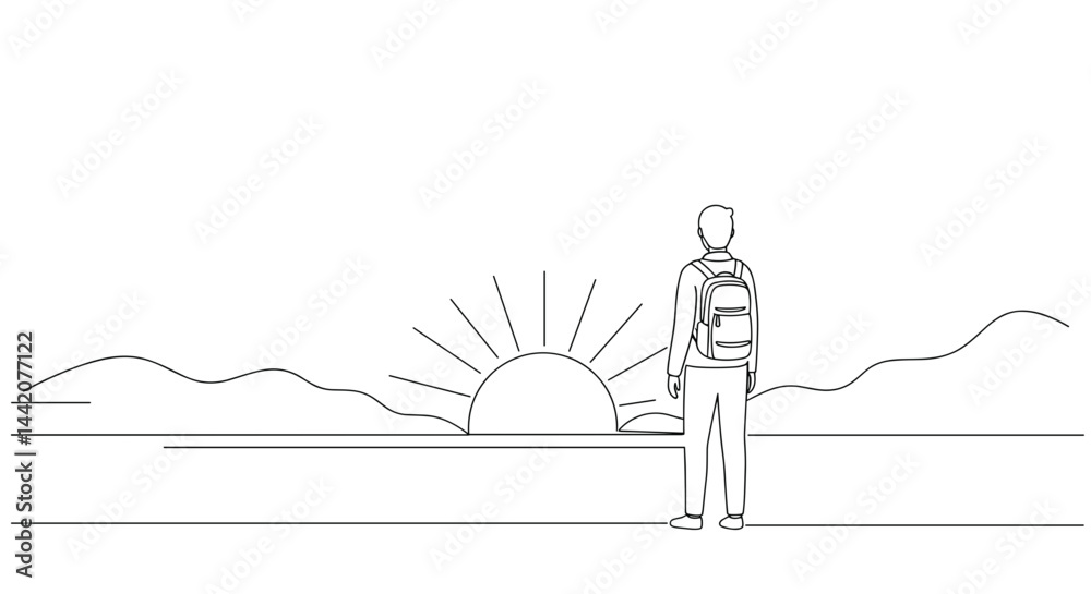 Person gazing at sunrise with backpack in minimalist landscape