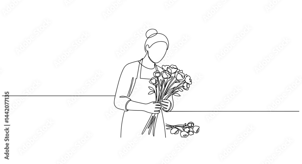 Woman arranging flowers in line art style on a white background