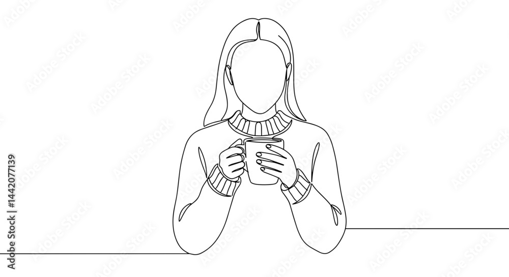 Woman enjoying a warm drink in minimalistic line art style
