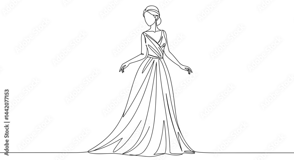 Elegant fashion sketch of a woman in a flowing gown
