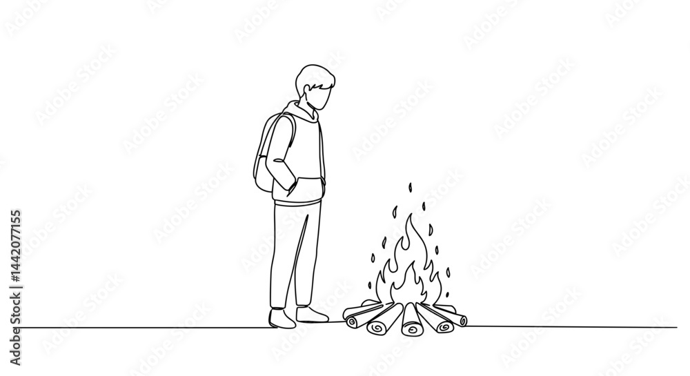Person warming by the campfire in a minimalist line art style