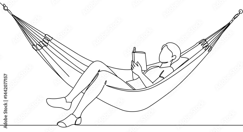 Relaxed person reading in a hammock against a simple background