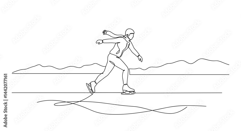 Figure skater gliding gracefully on ice against mountain backdrop