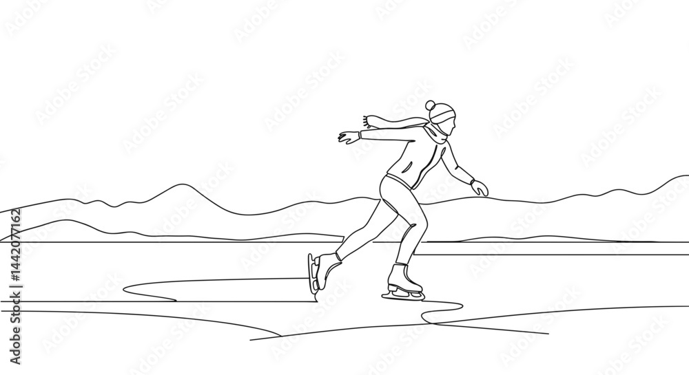 Skater enjoying winter ice skating on frozen lake landscape