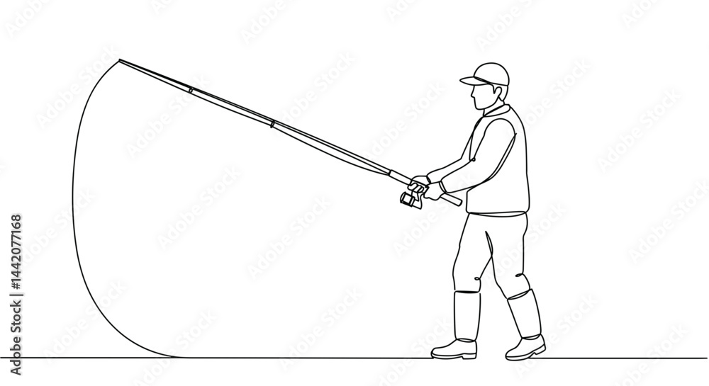Fisherman Reeling in a Catch in a Minimalist Style