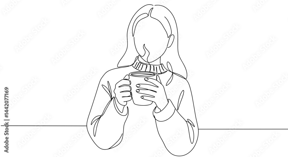Woman enjoying a warm drink sitting at a table in a minimalist style