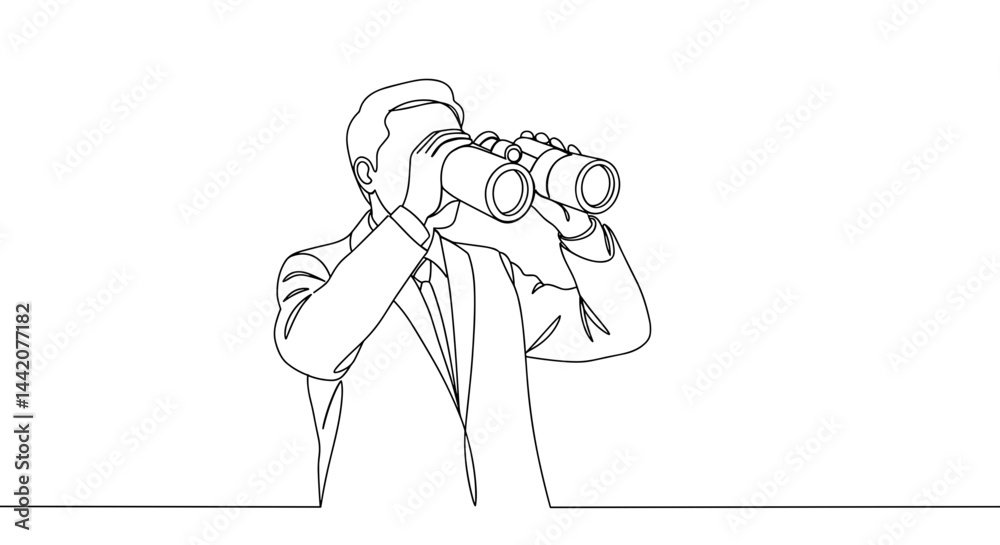 Businessman observing future trends with binoculars in line art