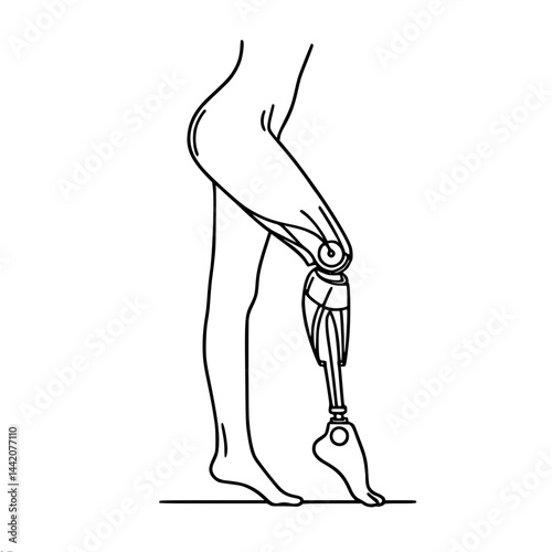 Outline of female leg, one leg with prosthesis in standing position, one line vector