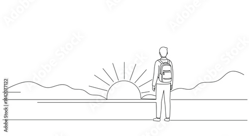Obraz na płótnie Person gazing at sunrise with backpack in minimalist landscape w salonie