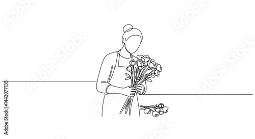 Obraz na płótnie Woman arranging flowers in line art style on a white background w salonie