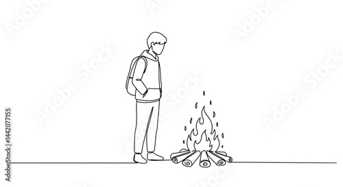 Obraz na płótnie Person warming by the campfire in a minimalist line art style w salonie
