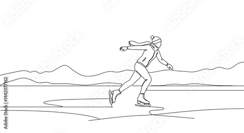 Skater enjoying winter ice skating on frozen lake landscape  
