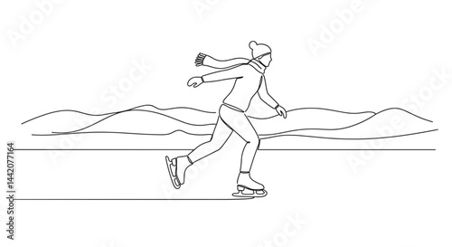 Person skating joyfully on ice against a mountain backdrop  