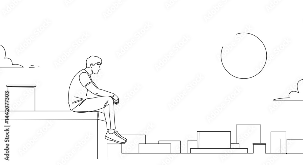Line Art of a Person Watching the City at Sunset