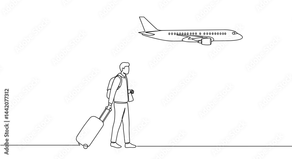 Person walking with suitcase under airplane in minimalist style