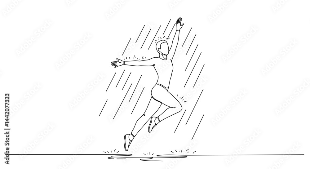 Person joyfully running in the rain in a minimalist style